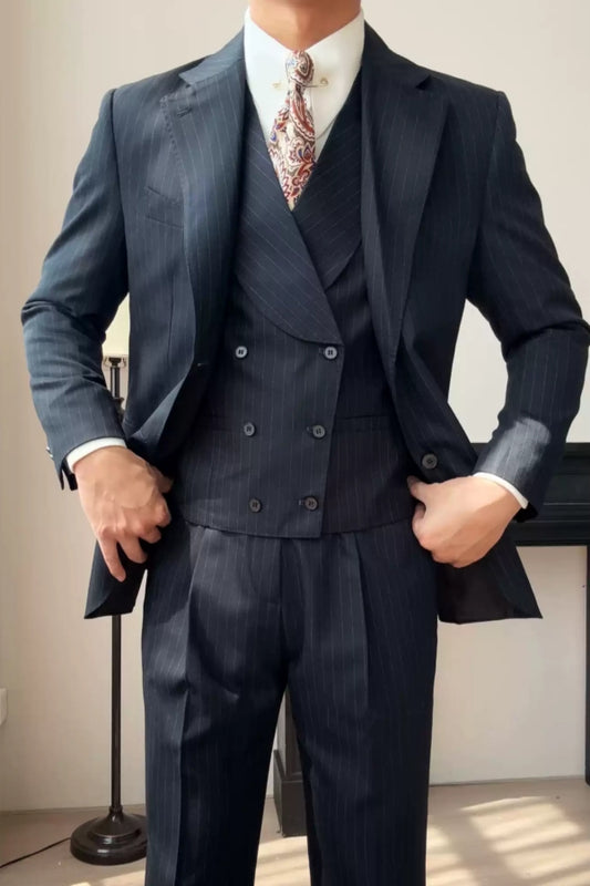Navy Blue Newest Pinstriped Peaked Lapel 3 Pieces Wool Prom Suits