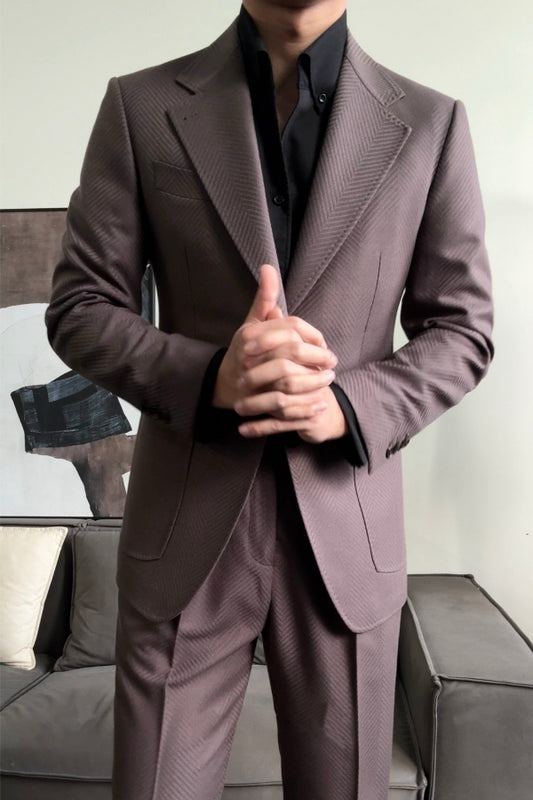 Glamorous Taupe Herringbone Notched Lapel Wool Prom Suits