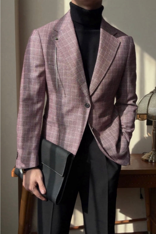 Purple Plaid Notched Lapel Wool Prom Suits With Black Pants