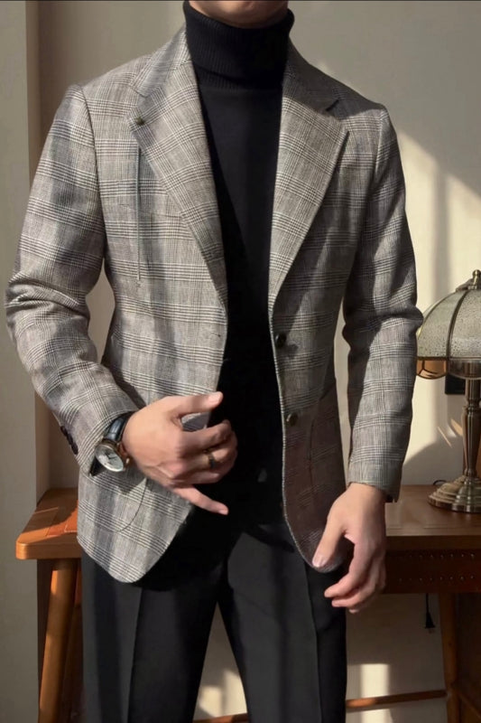 Bespoke Gray Plaid Notched Lapel Wool Prom Suits With Black Pants
