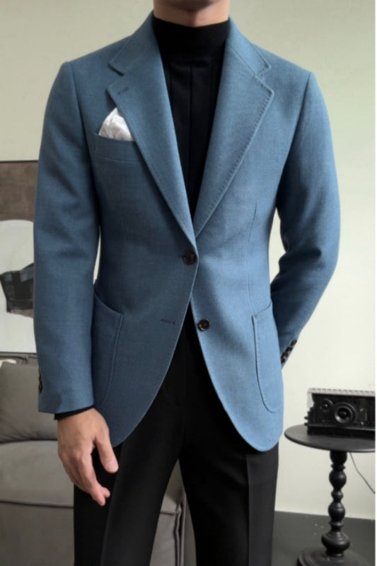 Beautiful Blue Notched Lapel Wool Prom Suits With Black Pants