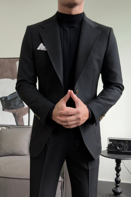 Generous Black Notched Lapel Wool Prom Men Suits