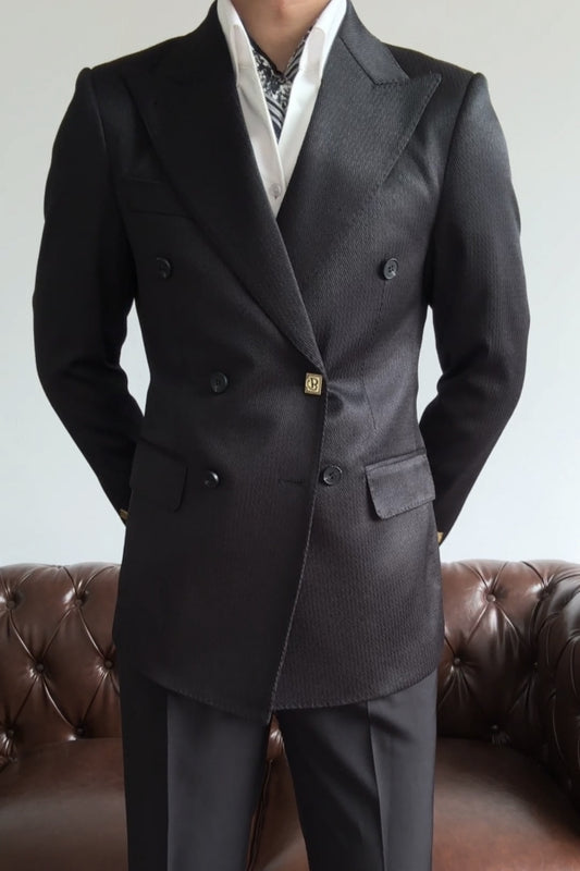 Fashion Dark Gray Striped Peaked Lapel Wool Prom Men Suits