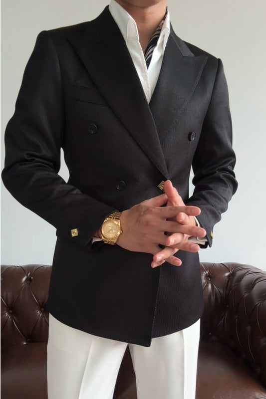Close Fitting Black Peaked Lapel Wool Prom Men Suits