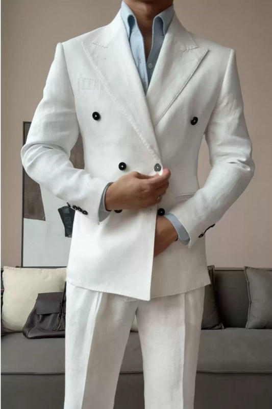 Generous White Double Breasted Peaked Lapel Wool Prom Men Suits