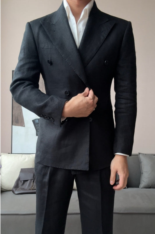 Slim Fit Dark Gray Peaked Lapel Wool Prom Men Suits