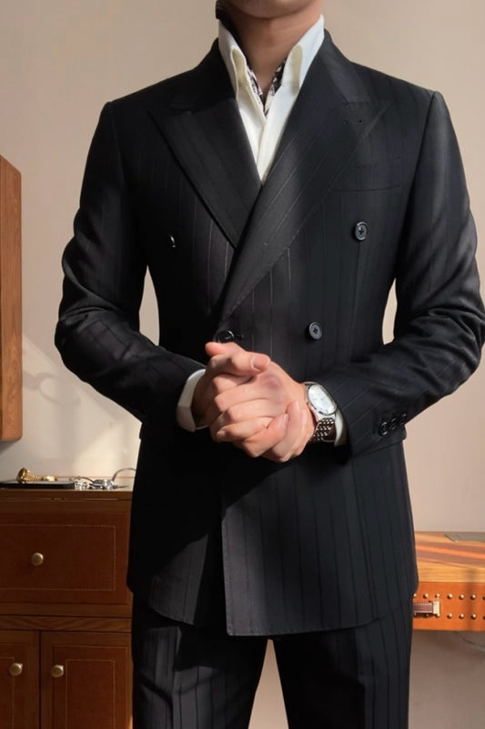Black Peaked Lapel Striped Double Breasted Wool Prom Men Suits