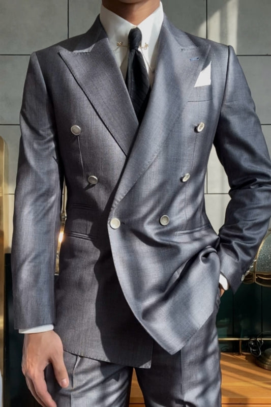 Best Fitted Gray Peaked Lapel Double Breasted Wool Prom Men Suits