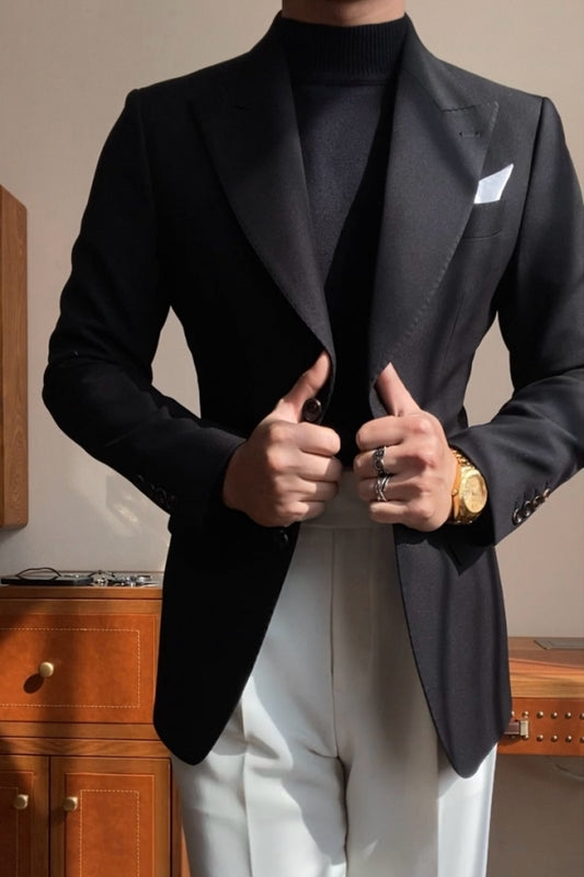New Arrival Black Peaked Lapel Wool Slim Fit Prom Men Suits