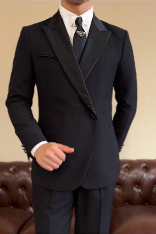 One Button Black Peaked Lapel Wool Slim Fit Prom Men Suits