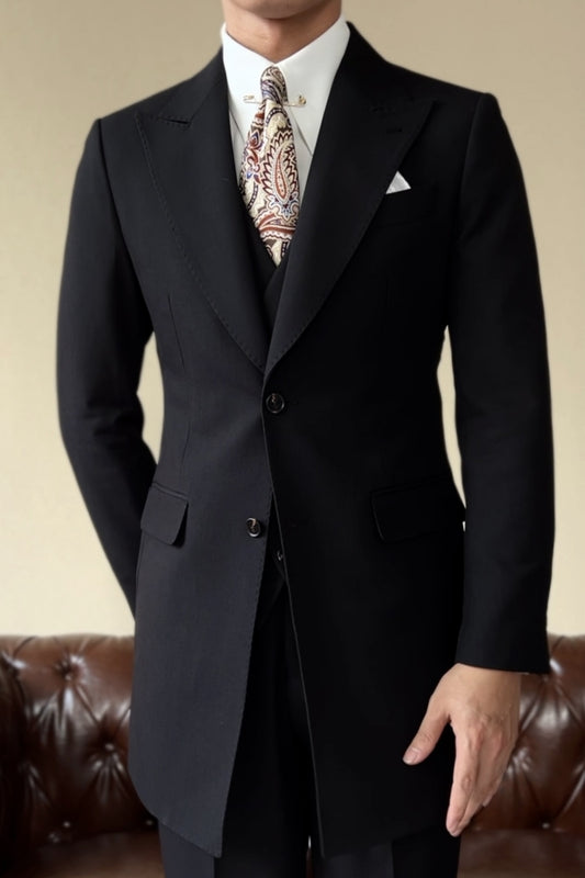 Bespoke 3 Pieces Black Peaked Lapel Wool Prom Men Suits