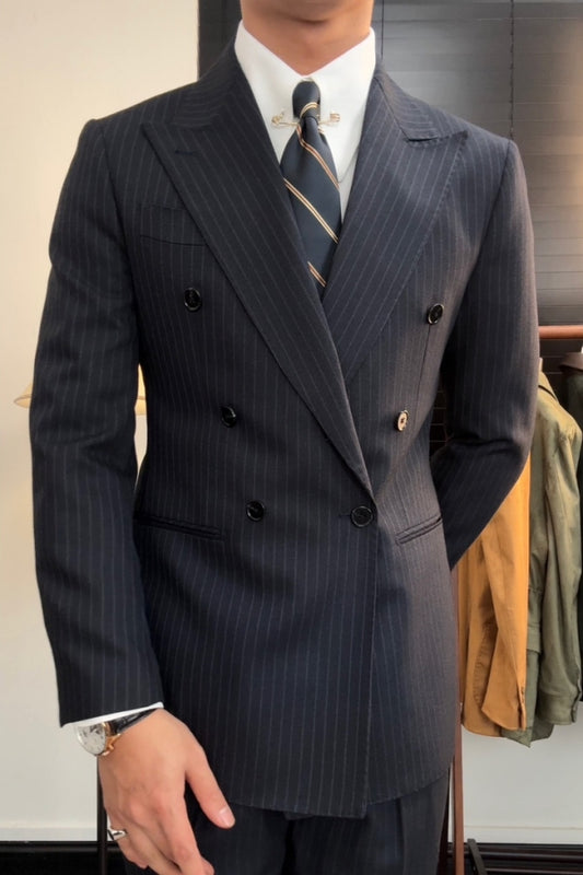 Handsome Dark Blue Striped Peaked Lapel Wool Prom Men Suits