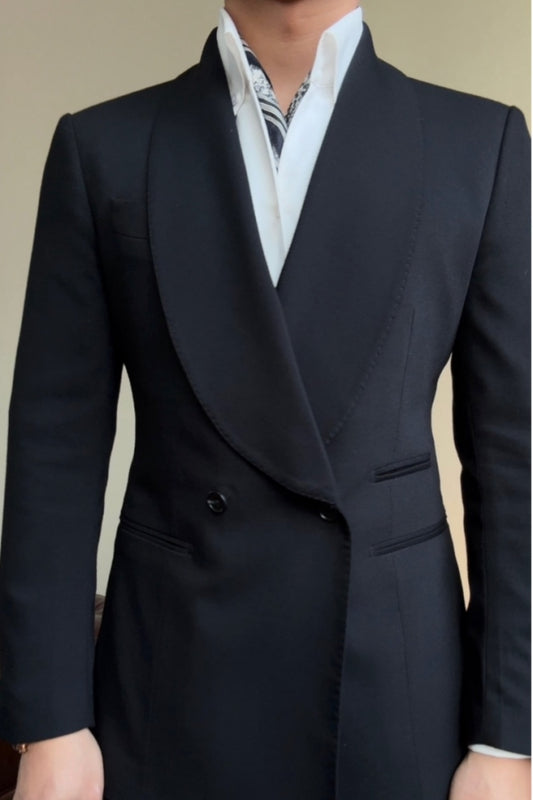 Gentle Black Shawl Lapel Double Breasted Wool Wedding Suits
