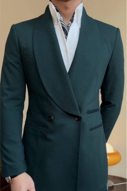 Glamorous Dark Green Shawl Lapel Double Breasted Wool Wedding Suits