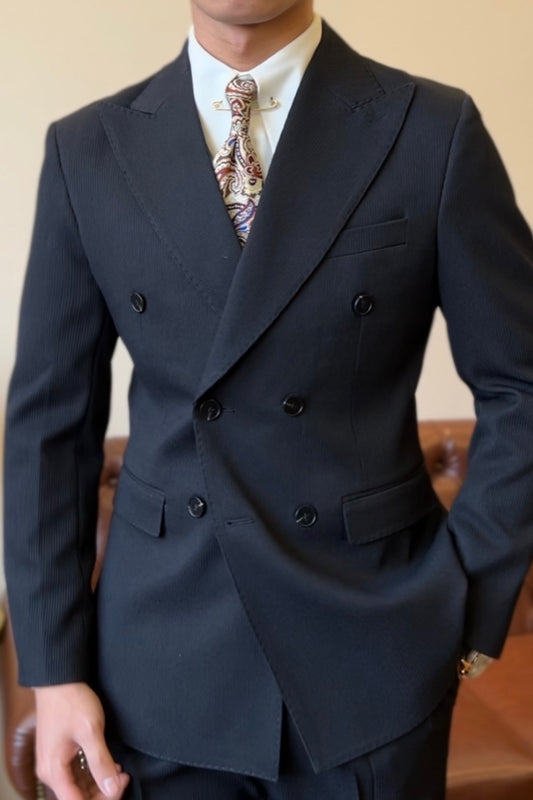 Dark Navy Striped Peaked Lapel Double Breasted Wool Prom Suits