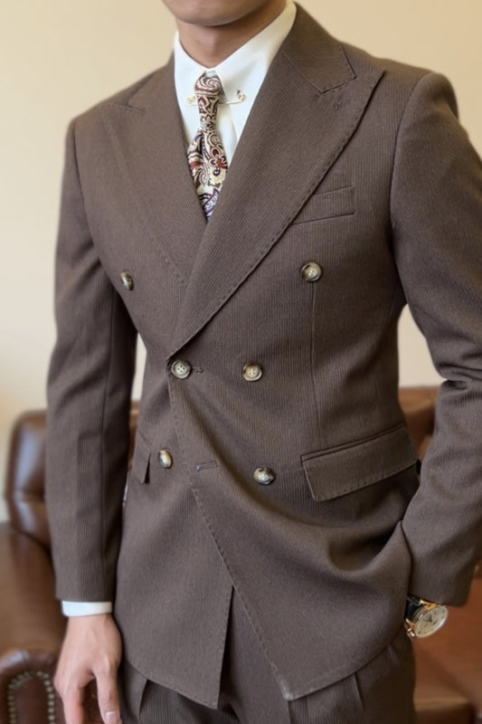 Fancy Brown Striped Peaked Lapel Double Breasted Wool Prom Suits