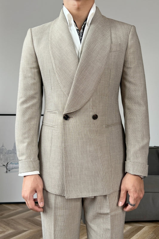 Light Khaki Shawl Lapel Double Breasted Wool Wedding Suits