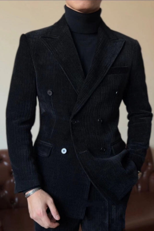 Modern Black Corduroy Peaked Lapel Double Breasted Prom Suits