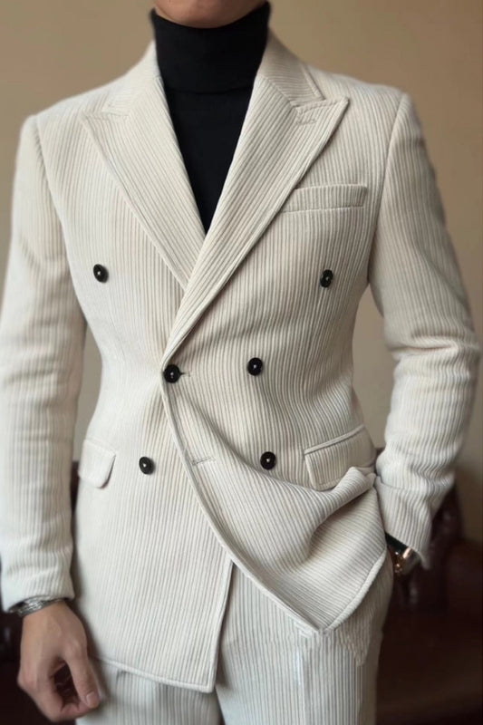 Handsome Off-White Corduroy Peaked Lapel Double Breasted Prom Suits