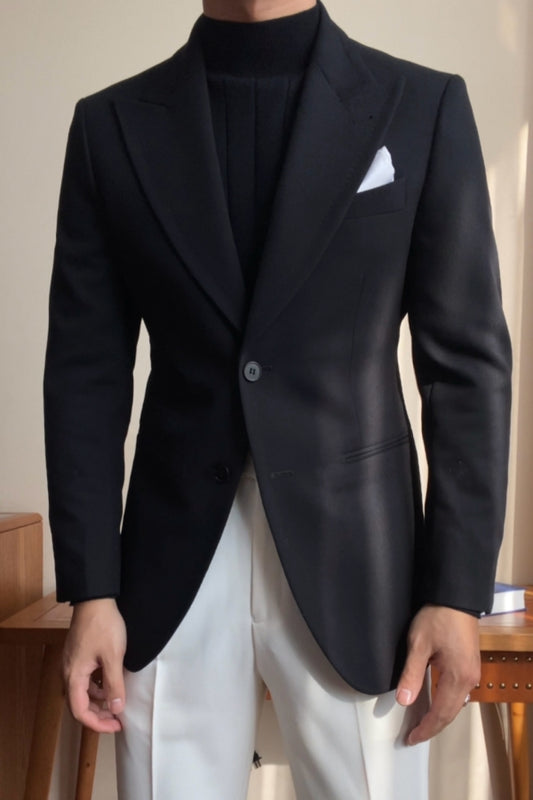 Classical Black Peaked Lapel Wool Prom Suits With White Pants
