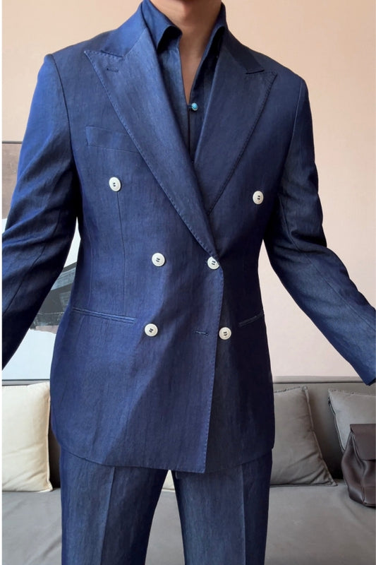 Dark Blue Peaked Lapel Double Breasted Wool Prom Suits