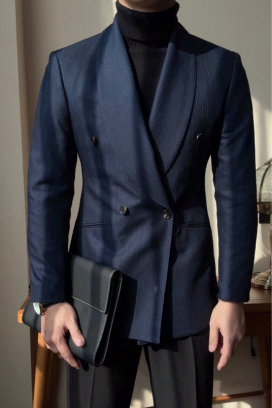 Best Fitted Dark Navy Shawl Lapel Double Breasted Wool Wedding Suits