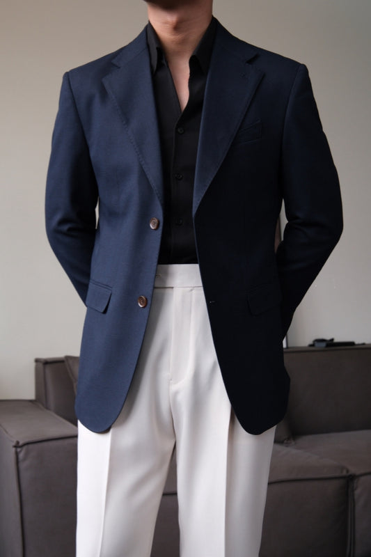 Trendy Dark Blue Notched Lapel Wool Prom Suits