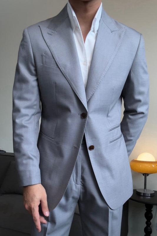 Newest Light Blue Trendy Peaked Lapel Wool Prom Suits