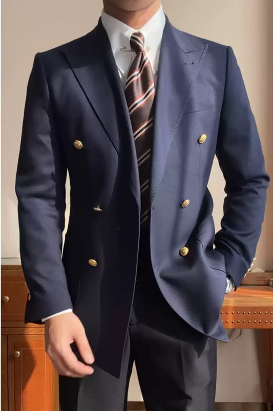 Best Fitted Dark Navy Peaked Lapel Wool Prom Suits
