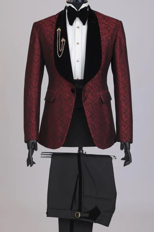 New Arrival Burgundy Jacquard Shawl Lapel Classical Wedding Suits