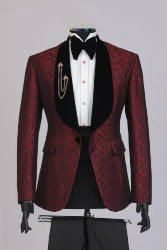 New Arrival Burgundy Jacquard Shawl Lapel Classical Wedding Suits