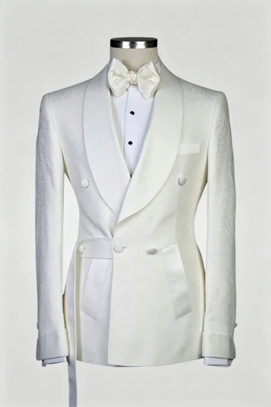 Classical White Jacquard Double Breasted Shawl Lapel Wedding Suits