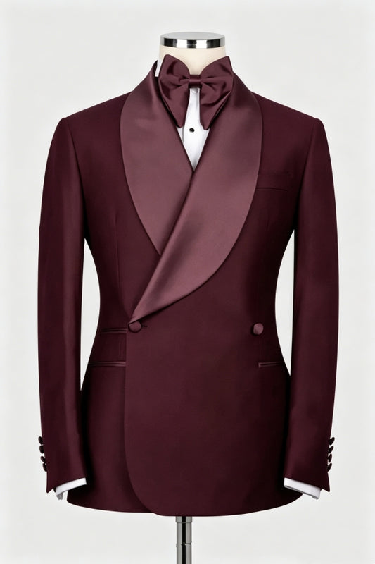 Fancy Burgundy Double Breasted Shawl Lapel Wool Wedding Suits