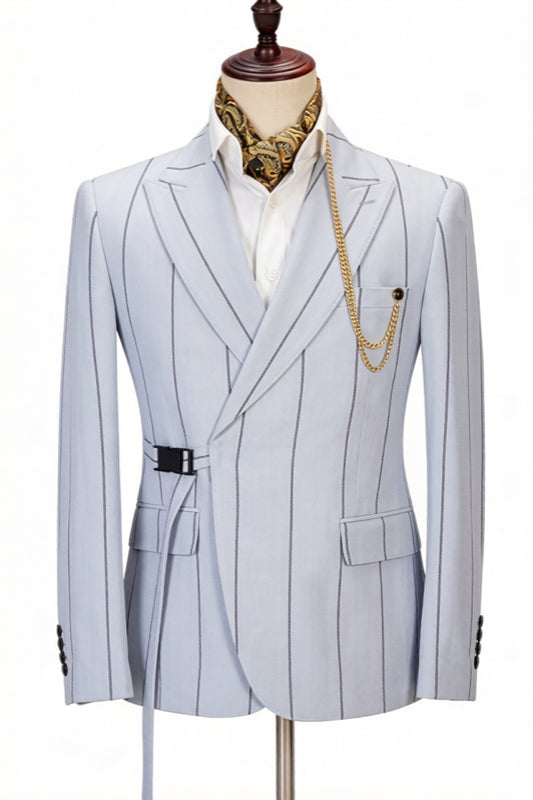 Latest Light Blue Striped Peaked Lapel Prom Men Suits