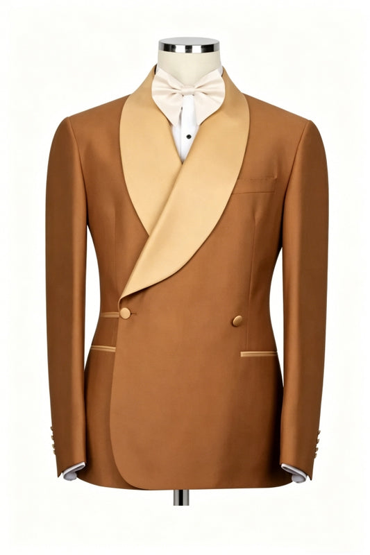 Stylish Gold Brown Satin Shawl Lapel Wool Wedding Suits