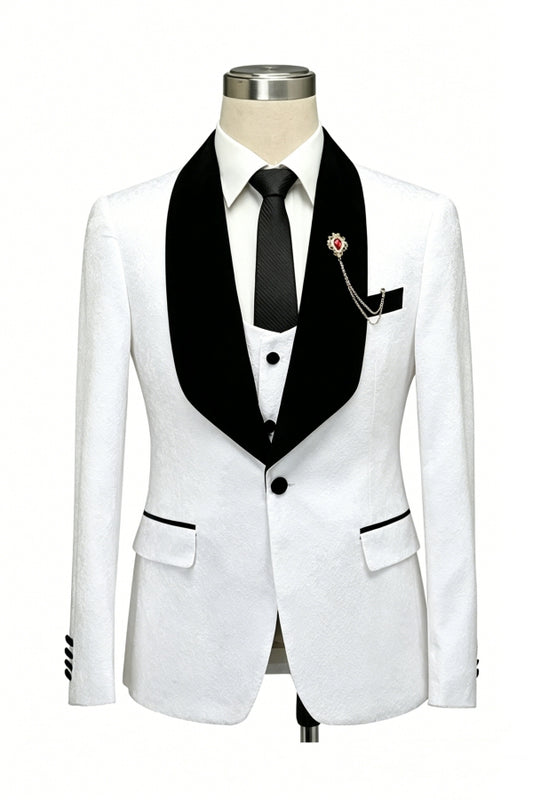 White Best Fitted Jacquard 3 Pieces Shawl Lapel Wedding Suits