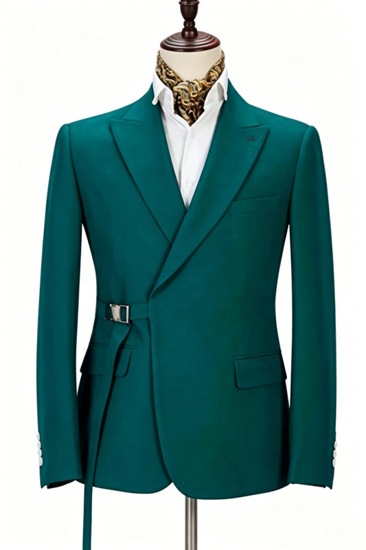Fashion Teal Green Wool Men Suits With Adjust Belt