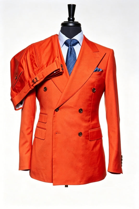 New Arrival Orange Double Breasted Peaked Lapel Wool Prom Men Suits