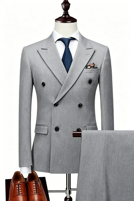 Trendy Gray Double Breasted Peaked Lapel Slim Fit Wool Prom Suits