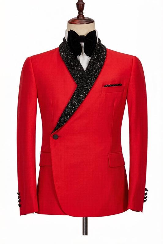 Gentle Red Sequins Shawl Lapel Wool Wedding Suits