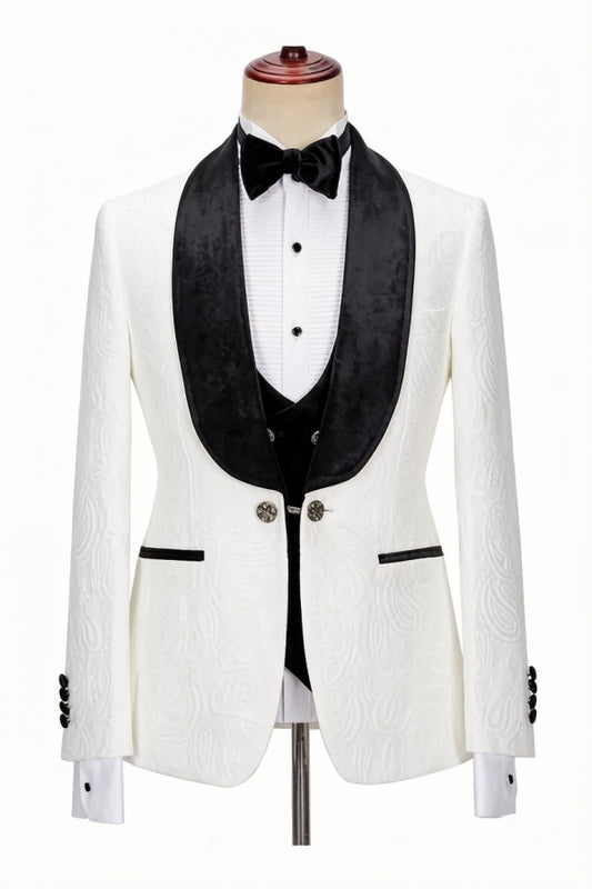 Bespoke White Jacquard 3 Pieces Velvet Shawl Lapel Wedding Suits