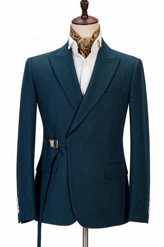 Newest Dark Green Peaked Lapel Wool Prom Men Suits