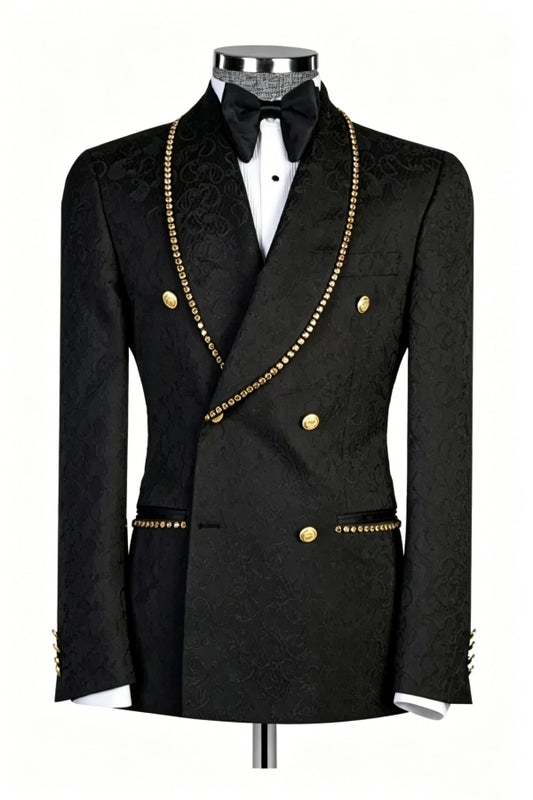 Black Jacquard Double Breasted Shawl Lapel Beadings Wedding Suits