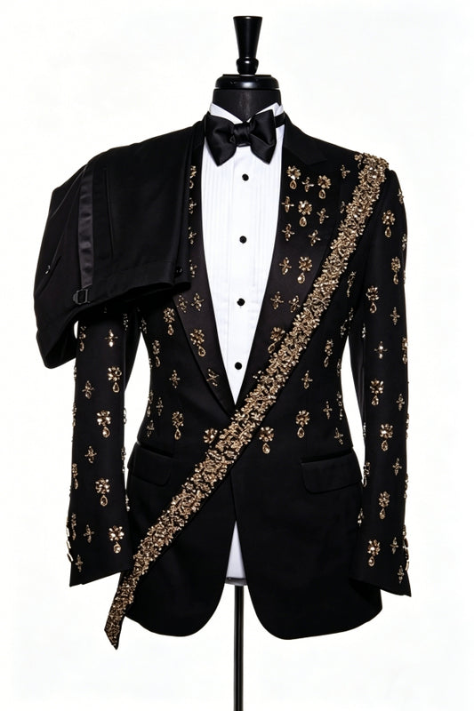 Glamorous Black Peaked Lapel Prom Men Suits With Beadings
