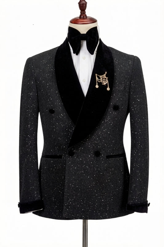 Sparkle Black Double Breasted Shawl Lapel Wedding Suits