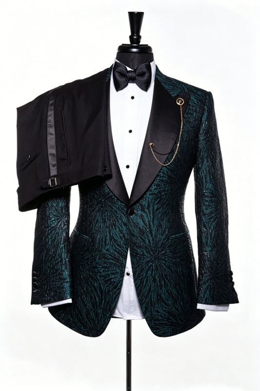 Sparkle Green Jacquard Peaked Lapel Prom Suits