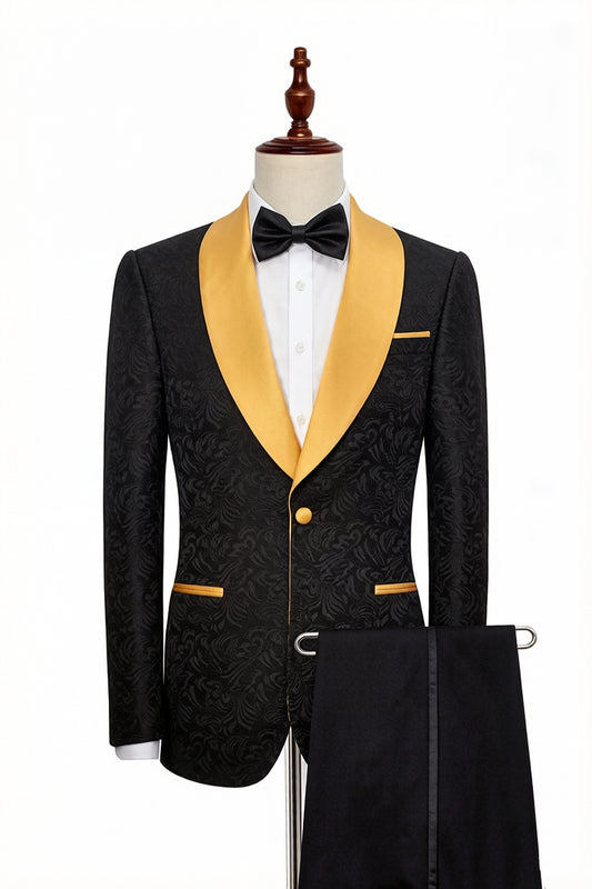 One Button Black Jacquard Shawl Lapel Wedding Suits