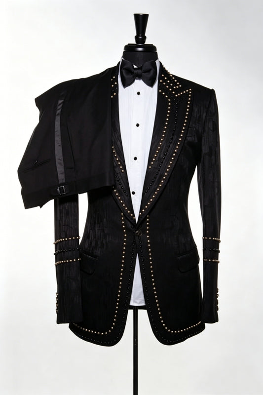 Classic Black Jacquard Peaked Lapel Beadings Prom Suits
