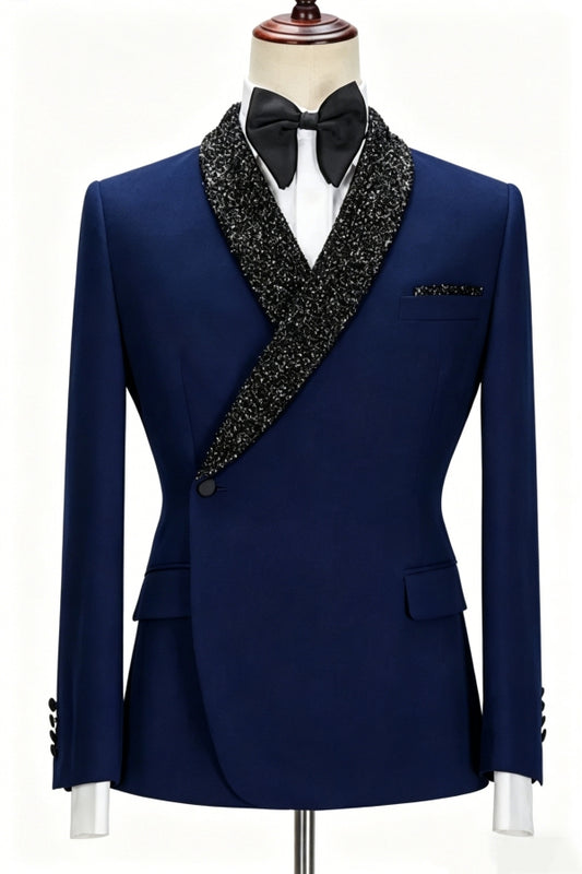 Stylish Dark Navy Shawl Lapel One Button Wool Prom Suits