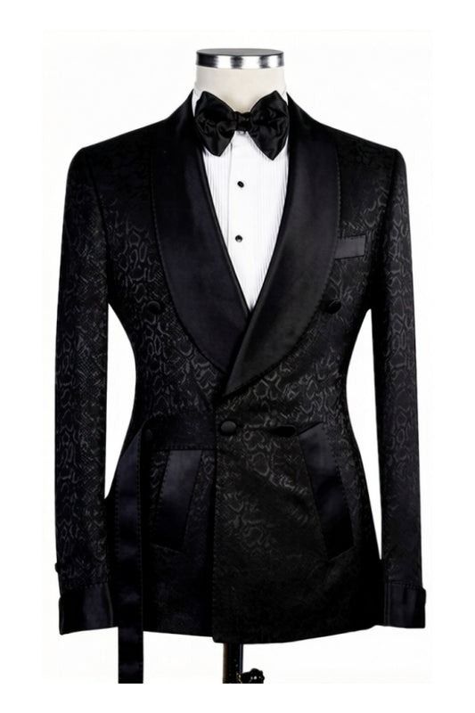 Modern Black Jacquard Double Breasted Shawl Lapel Wedding Suits